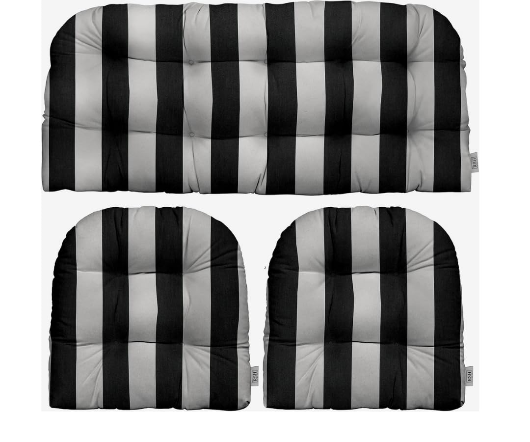 RSH DECOR: Sunbrella 3-Piece Wicker Tufted Cushion Set | Standard Size | Made with Sunbrella Performance Fabric | Outdoor Loveseat & U-Shaped Seat Cushions | Cabana Classic Black Stripe