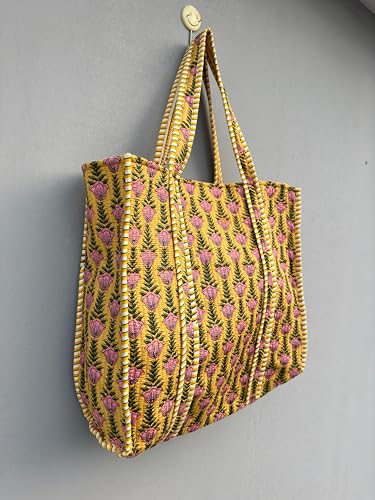 Image of Quilted Cotton Handprinted Reversible Large multicolor Floral Tote Bag,Hand Block Print Shopping Shoulder Carry Bag
