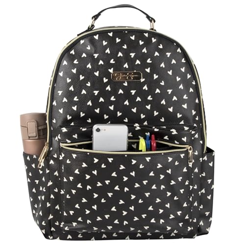 Jessica Simpson Women’s Waterproof Laptop Travel Backpack with Side Water Bottle Pockets for College, Commuting, Work (Black & White Hearts)2