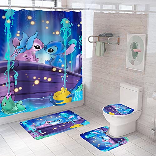 Sjj-RE 4PCS Kinder Cartoon Duschvorhang-Sets mit Teppichen Wasserdichtes Polyester,Badezimmer-Dekor-Set mit Haken Toilettendeckelabdeckung Badematte (A03,120 x 180 cm) Cover