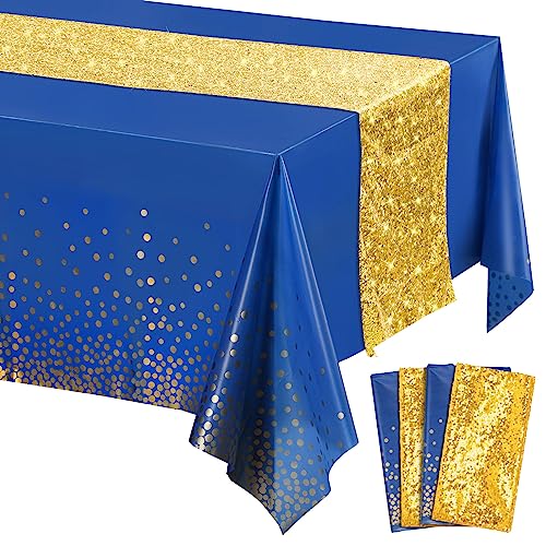 Image of Irenare Tablecloth and Sequin Table Runner Set Polka Dots Confetti Table Cover Dining Plastic Tablecloths Glitter Decorations for Birthday Wedding Anniversary Party Supplies(Blue, Gold,4 Pcs)