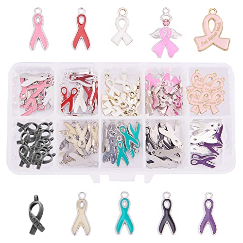 PH PandaHall Ribbon Pendants, 60 Pcs 10 Styles Colorful Alloy Ribbon Pendants Enamel Awareness Dangle Charms Beads for Earring Bracelet Necklace Jewelry Making