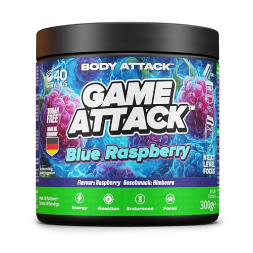 GAME ATTACK Gaming Booster – Blue Raspberry – 300 g (40 Portionen) – Energy Drink Pulver – 17 kcal/Portion – 18 Zutaten, 3 Kern-Komponenten – geprüfte Qualität – Made in Germany