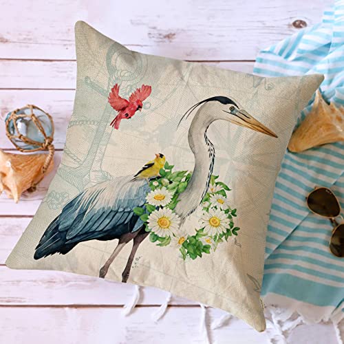 Fahrendom Summer Blue Heron Nautical Decorative Throw Pillow Cover 18X18 Set Of 4, Sea Bird Good Vibes Farmhouse Quote Ocean Beach Decorations, Coastal Lake House Porch Patio Cushion Case Home Decors #TOP6
