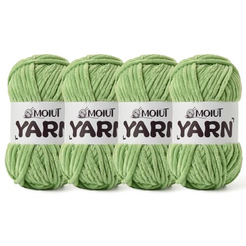 Image of 4 Packs Fluffy Chenille Yarn for Crocheting, Chunky Velvet Yarns for Crochet Amigurumi, Baby Yarn for Crocheting Soft Blanket, 349.9yds /14.1oz Bulky Yarns for Crafts /Hats /Shoes /Socks (4Avocado Green)