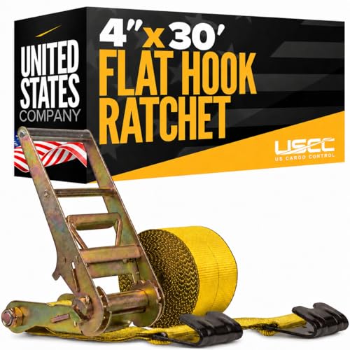 US Cargo Control Flat Hook Ratchet Strap 4 x 30 5 400 LBS Working Load Limit Yellow 4 Inch Ratchet Strap with Black Flat Hook Professional 4 Inch Strap for Flatbed Trailers