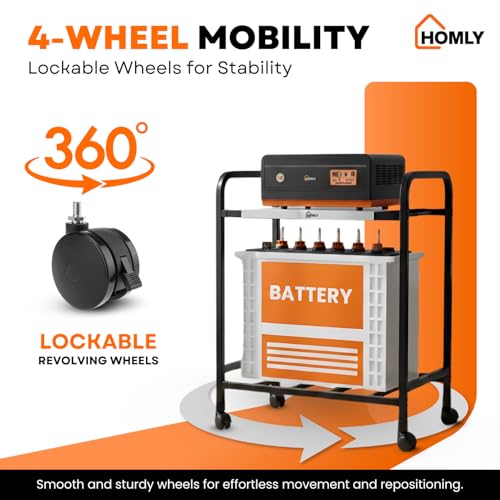 Image of Homly Uni Base Inverter Battery UPS Trolley Stand with 360 Rotating Lockable Wheels | Compact & Rust Resistant Inverter Stand for Home | Supports 1 Inverter & 1 Battery Upto 100 kg - Black & White