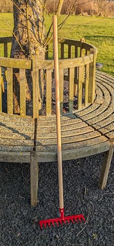 Garten Gerät Harke Rasen Boden Erde Rechen 12 Zinken Metall rot Gartenrechen 28 cm mit Holz Stiel