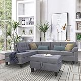 P PURLOVE Sectional Sofa Set with Chaise Lounge and Storage Ottoman Nail Head Detail (Grey)
