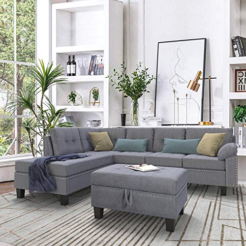 Harper & Bright Designs Sectional Sofa Couch with L Chaise Lounger and Storage Ottoman for Living Room Home Furniture Set grey