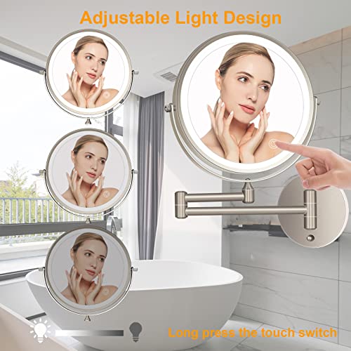 Amelar 8 Inch Wall Mounted Makeup Mirror Usb Rechargeable Led 3 Color Lights Two Sided 1X/10X Magnifying Mirror Touch Switch Intelligent Shutdown 360° Swivel Vanity Mirror For Bathroom Hotel(Nickel) #TOP4