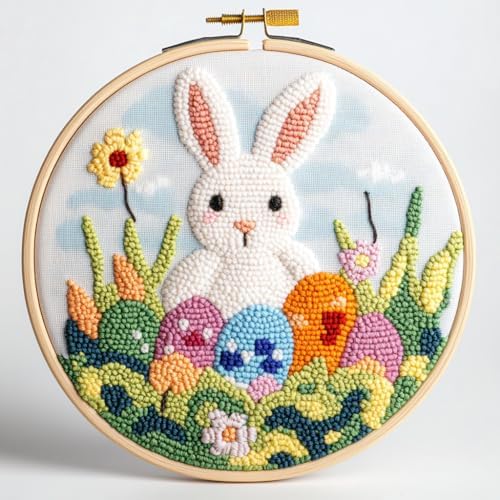 DIY Punch Needle Kits Cute Cartoon Happy Easter Rabbit and Eggs Embroidery Punch Needle Starter Craft with Hoop Easy for Beginners for Festival t and Decoration 20x20cm-3