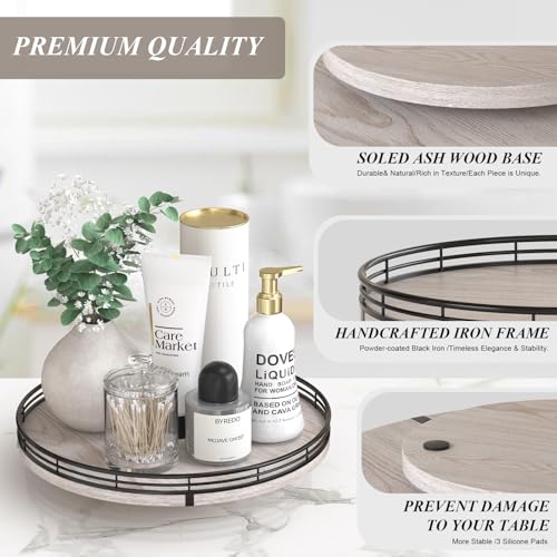 Image of 12 inch Farmhouse Lazy Susan for Kitchen & Coffee Table Decor - Rustic Whitewashed Wood Tray with Black Metal Frame, Decorative Centerpiece for Dining Room, Ottoman, Living Room, Serving or Vanity Use
