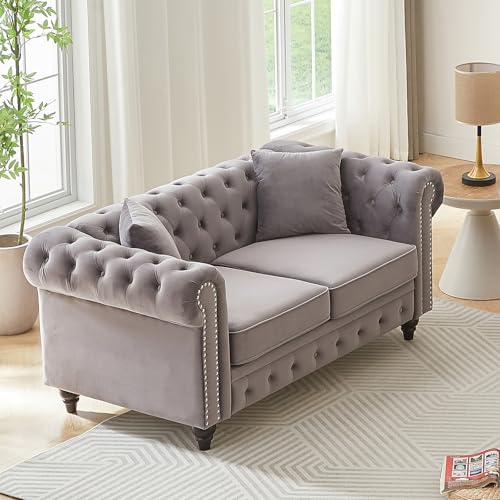 Image of Modern Chesterfield Sofa Couch, 63.5-inch Velvet Fabric Loveseat Sofa with Rolled Arms and Tufted Button for Living Room, Office, Light Grey