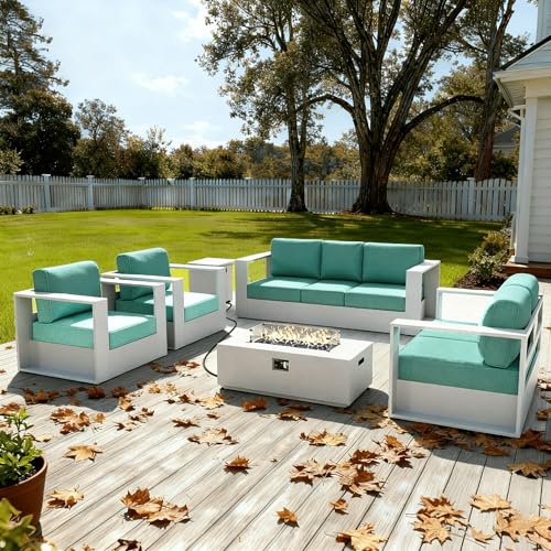 Image of LayinSun Oversized Aluminum Outdoor Furniture Set, 4 Piece Patio Sofa Sets with Fire Pit Table, Deep Seating and Upgraded 6-inch Cushions for Porch, Balcony, Deck