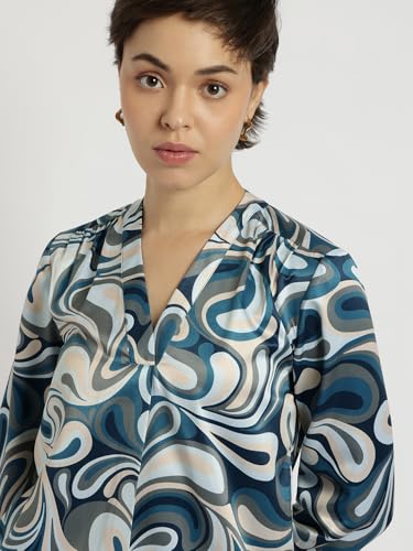 Image of FableStreet Women Formal & Casual Top | V-Neckline with Gathered Back Detail & Three-Quarter Sleeves | Premium Satin Fabric for Office Wear & Sophisticated Outings