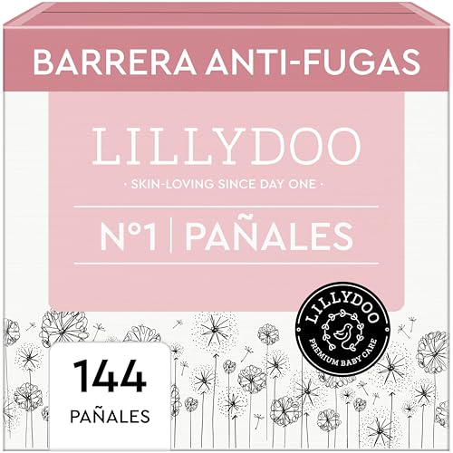 Pañales LILLYDOO delicados con la piel - talla 1 (2-5 kg), caja mensual (144 unidades), protección contra fugas, suaves, sin perfumes ni lociones y dermatológicamente probados