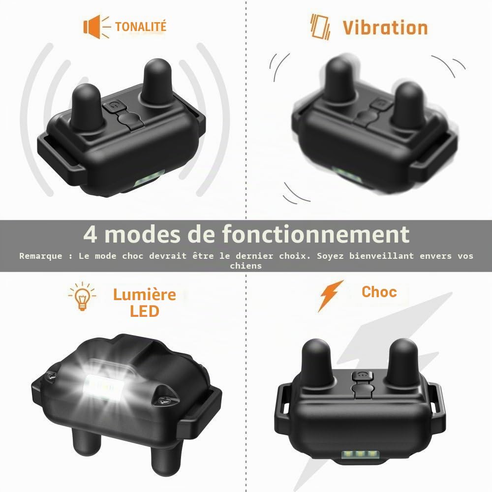Collier de Dressage pour Chiens Electrique, Anti Aboiement avec Télécommande Beep Vibration Choc et Lumière LED, Etanche Rechargeable pour 2 Chiens Petit Moyen Gros Noir