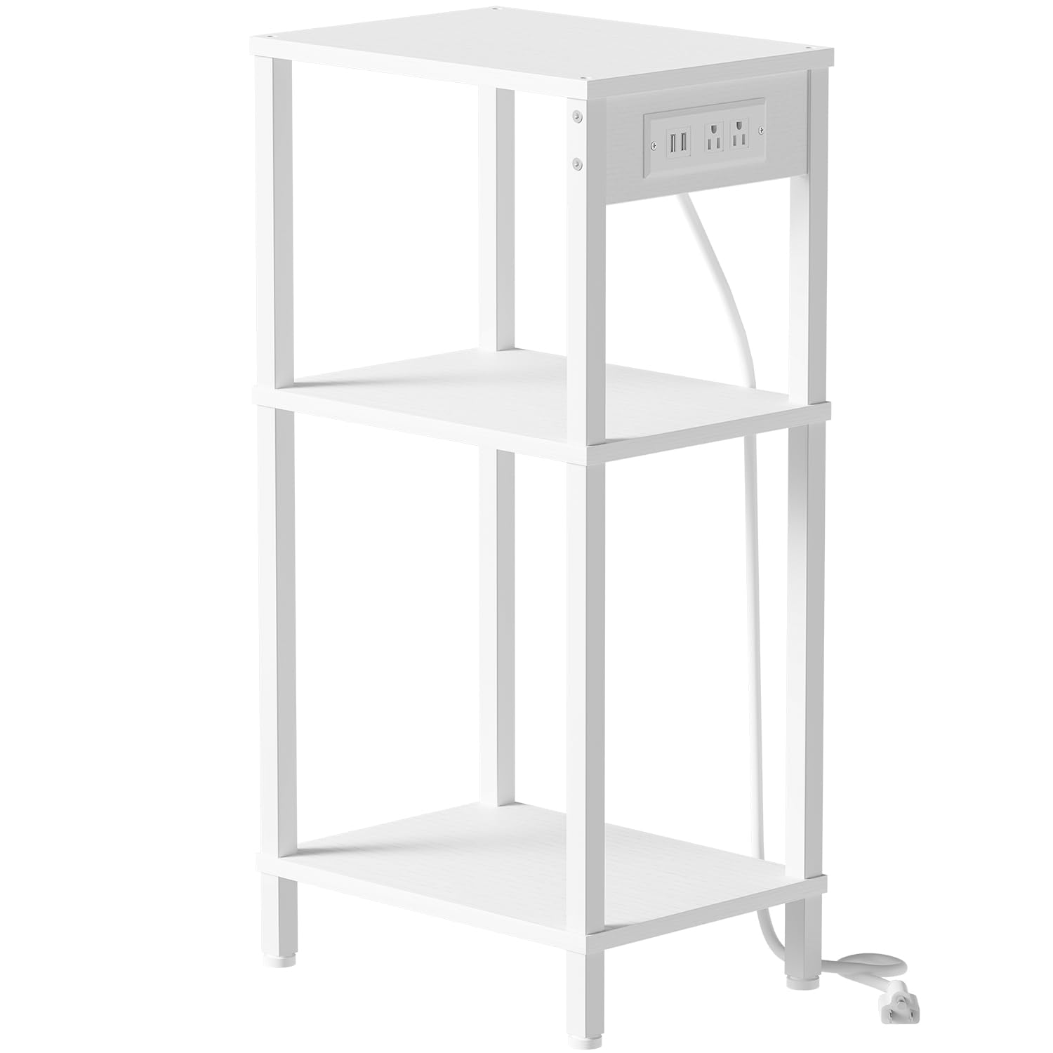 Tall End Table with Charging Station and USB Ports, 3 Tier Narrow Tall Bedside Table with Storage, Slim Nightstand with Outlets for Bedroom, Living Room, Nursery, Office, White