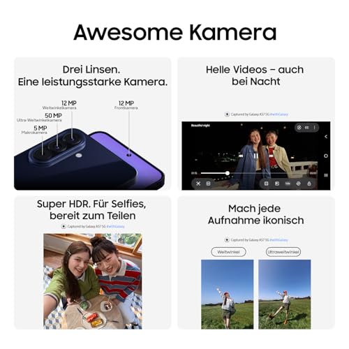 Samsung Galaxy A57 5G, Schlankes AI-Smartphone, Awesome Intelligence, 256 GB Speicherplatz, 50 MP Weitwinkel-Kamera, Bis zu 2 Tage Akkulaufzeit, IP68, Awesome Navy, 2,5 Jahre Herstellergarantie