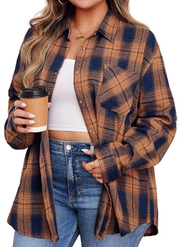 Plaid Shirt for Women Plus Size Long Sleeve Button Down Flannel Shirts Orange Casual Roll Up Checkered Clothing Oversize Blouse Fall Tops 3XL