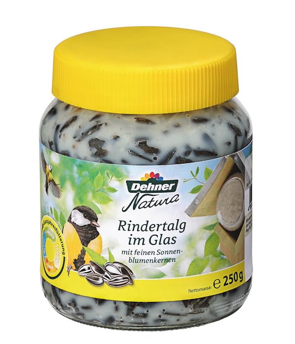 Dehner Natura Premium Wildvogelfutter, Rindertalg im Glas, Sonnenblumenkerne, Ganzjahresfutter energiereich / zuckerfrei, hochwertiges Vogelfutter für Wildvögel, 8 x 250 g (2 kg)