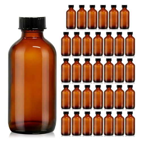 turvono 35 Pack 4 oz Amber Glass Boston Round Bottles with Phenolic Polycone Caps Airtight Leak-Proof Bottles for Vanilla Extract Kombucha Brewing Essential Oils and Homemade Solutions