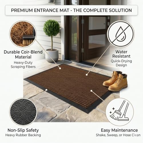 Image of Front Door Mat Indoor Outdoor Entrance, 2 x 3 Feet All-Season Waterproof Doormat for Entryway, Heavy Duty Commercial Floor Mat, Fade Resistant, Rubber Back, Low Profile, Easy Clean, Brown