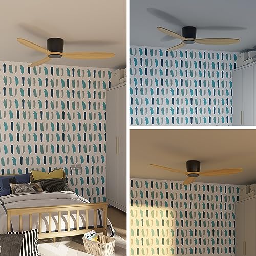 Flush Mount Ceiling Fan no light with Remote, 52 inch Low Profile Wood Ceiling Fan no light, Modern Ceiling Fan without light for Outdoor, Bedroom, Natural Wood and matte Black, DC Motor, 6 Speed thumbnail 4