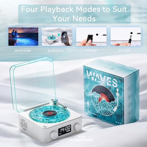 Image of Retro-style Wireless Aqua Vinyl Bluetooth Speaker with 360 Surround Sound, 3 Lighting Modes, 4 Playback Modes, Balanced Sound Quality, Blue
