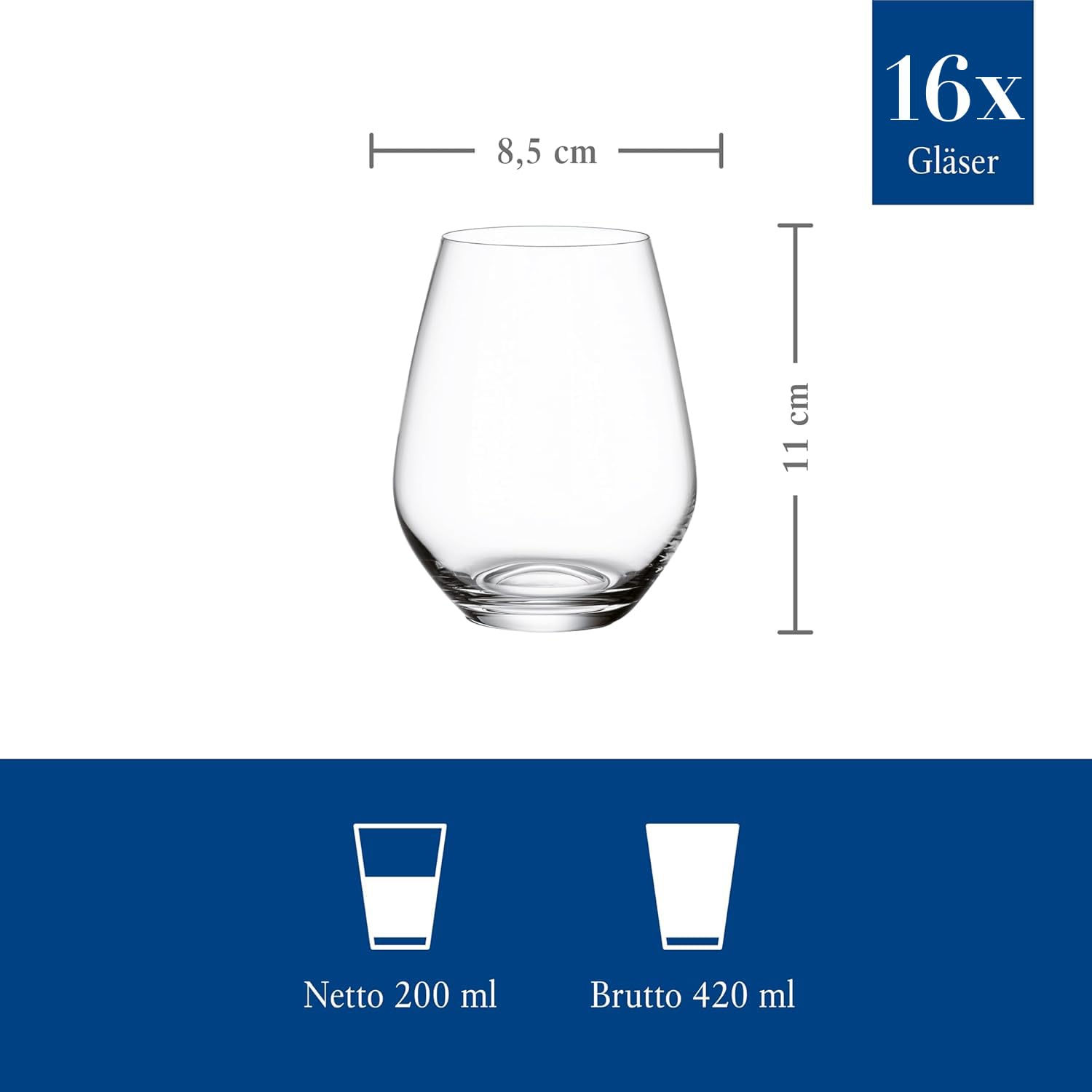 Villeroy & Boch Ovid Wasserglas-Set 16-eilig, 420 ml, Wassergläser, Gläser Set, Besondere Trinkgläser, Gläser Für Wasser, Saftgläser, Kristallglas, Spülmaschinenfest