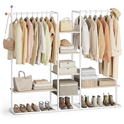 SONGMICS HOME Perchero, Armario Abierto, 6 Estantes de Almacenaje, 2 Barras, Ganchos de Fósforo, Armario de Dormitorio, Beige Natural y Blanco Mate RGR012K01