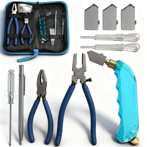 Profi Glasschneider Set 11PCS Profi Glasbrech für Dickes Glas, Fugenzange Pliers mit Handschneider, Flaschenschneider Öl-Feed Cutter mit Schneidkopf 2 Größen, Öltropfer Skulpturenstift Schraubendreher