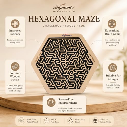 Image of SIGNAMIO Indoor Wooden Puzzle Game Hexagon Maze Ball - Engaging Mind Games for Kids & Adults, Perfect Brain Teaser & Time Pass Activity, Ideal Wooden Board Game for All Ages