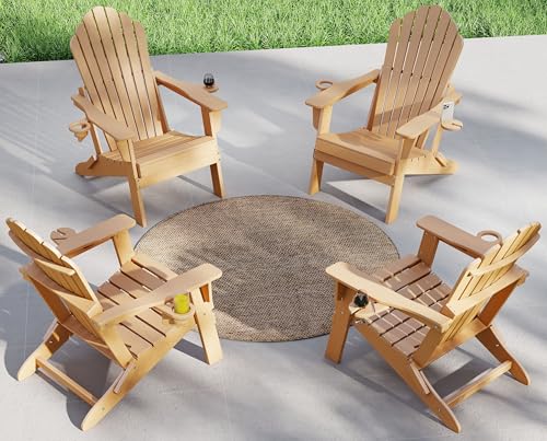 Plawdlik Outdoor HDPE Folding Adirondack Chair Set of 4, High Back Wide Seat Patio Chair with Cup Holders, All-Weather Fire Pit Chair for Garden,Lawn,Poolside, Teak