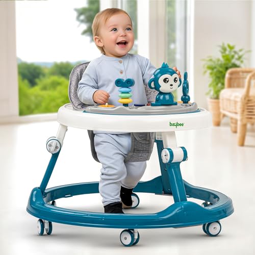 Image of Baybee Drono Baby Walker for Kids with 4-Level Height Adjustment, Foldable Design, Food Tray & Musical Toy Bar | Round Activity Walker for Babies 6-18 Months (Blue)