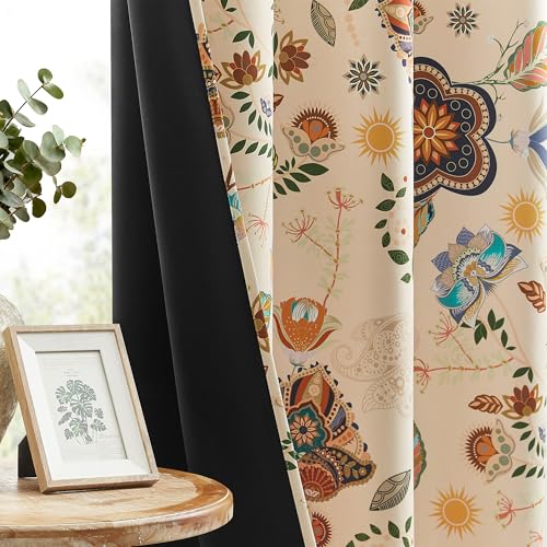 Image of XiDi Beige Blackout Floral Curtains for Living Room Bedroom 72 Inches Long
