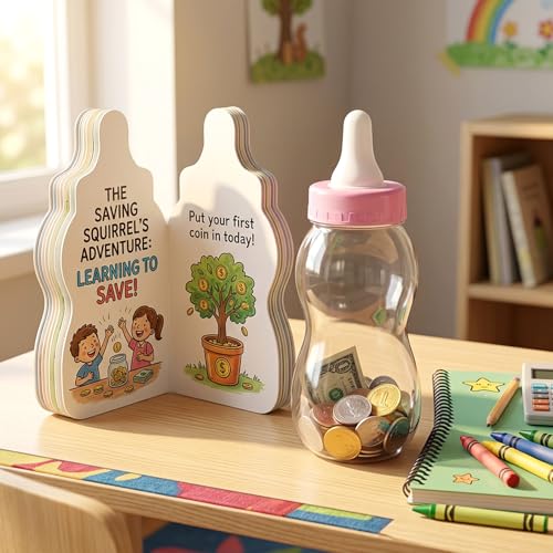 Image of Housoutil 11 Inch Baby Bottle Piggy Bank, Clear Large Plastic Baby Bottle Bank, Cute Transparent Coin Savings Box, Birthday Party Candy Jar Container for Boys Girls (Pink)