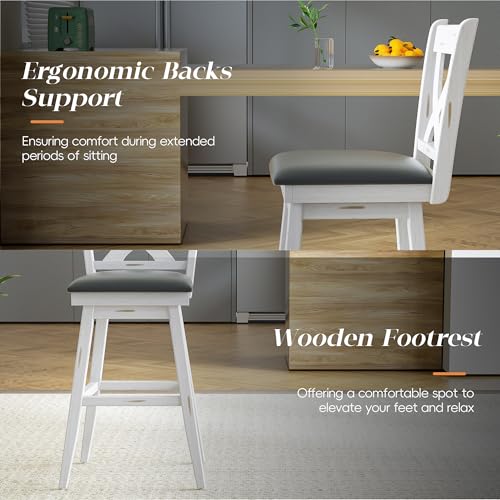 Image of MU Swivel Barstools Set of 6, 29 Inch Bar Height Kitchen Island Chairs with Back, Upholstered Seat Bar Stool with Solid Wood Legs & Footrest, Counter Stools for Pub, Bar, Restaurant (Antique White)