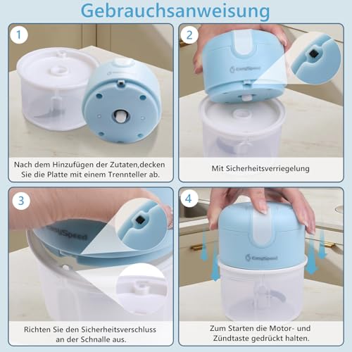 Mini-Zerkleinerer Elektrisch 250ml, Kabellos Wiederaufladbar USB Typ-C, 304 Edelstahlklinge, Lebensmittelechtes Material, Tragbar Küchenhelfer für Obst, Gemüse, Knoblauch, Babybrei, Camping
