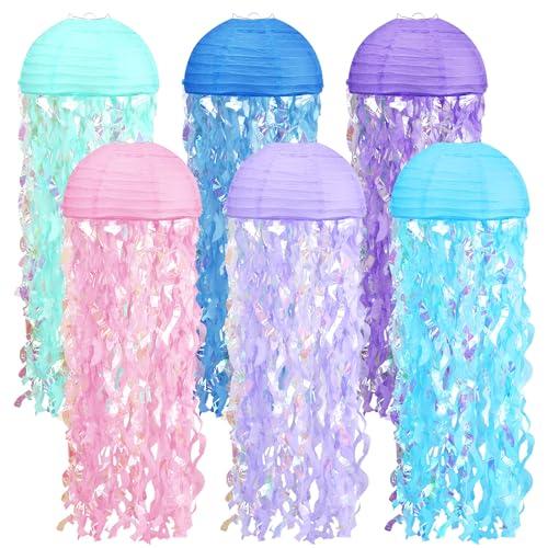 Image of Jelly Fish Paper Lanterns 6pcs Pink Purple Blue Paper Lanterns for Mermaid Theme Party Under The Sea Ocean Birthday Party Baby Shower Indoor Outdoor Party Decorations