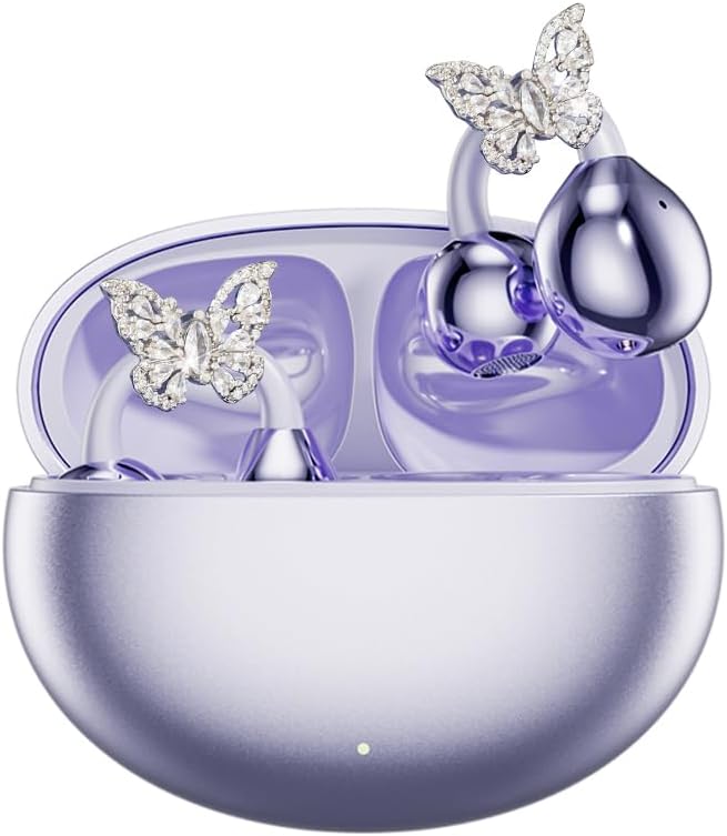 Soinf Women's Wireless Earphones, Designed with Crystal Butterfly Earrings and Open Bluetooth Noise Cancelling Earphones for Running, Suitable for Work, Fitness, Daily wear, and Gifts (Skin Tone)