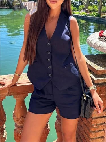 Chaleco lino mujer contra el calor con cuello V y corte suelto 5