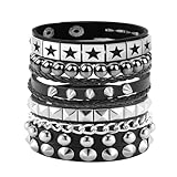 Tosmifairy 4Pcs/Set Fashion Street Hip Hop Leather Studded Cuff Bracelets Multiple Wristbands Bangle Emo Acceossries for 80s Punk Rock Concert Outfit (Stars Studded + Spiked)