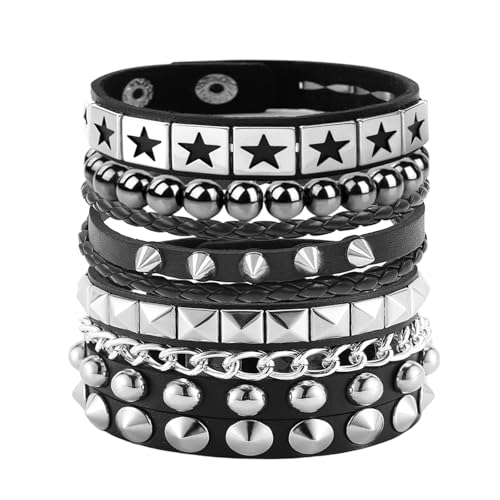 Tosmifairy 4Pcs/Set Fashion Street Hip Hop Leather Studded Cuff Bracelets Multiple Wristbands Bangle Emo Acceossries for 80s Punk Rock Concert Outfit (Stars Studded + Spiked)