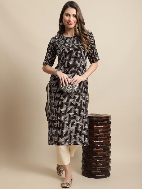 Pinkmint Kurta Set For Women Cotton Printed Knee Length Straight Round Neck Kurti With Pant (Pack Of 1) Black-Cream
