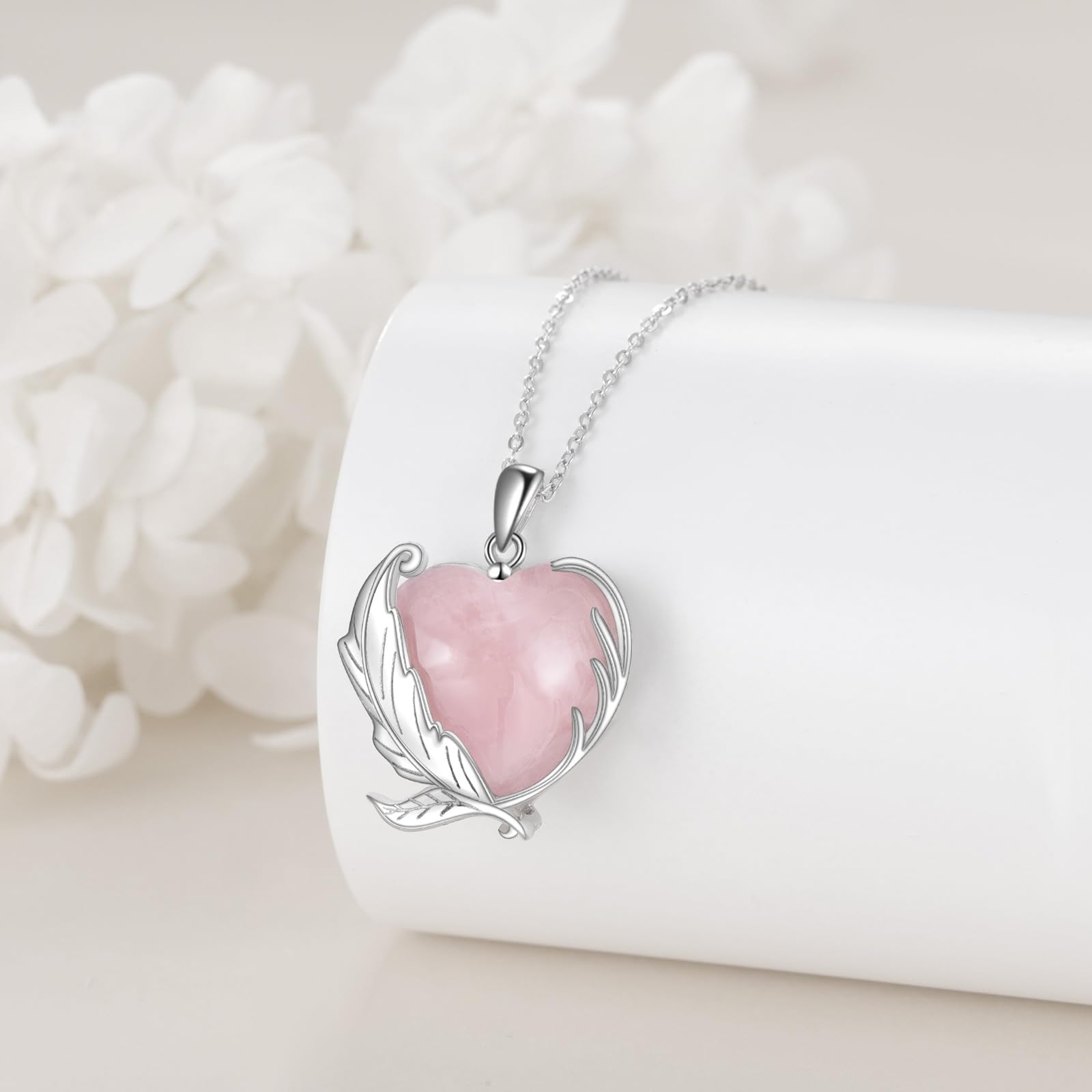 YFN Feder Kette Sterling Silber Rosenquarz Herz Anhänger Halskette Federschmuck für Frauen Mädchen Feder Geschenke