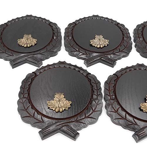 GTK - Juego de 5 placas de cuña talladas oscuras AF 17,5 cm con 5 hojas de roble, portada pequeña, tabla para cuñas, tabla de especias, cartel para trofeos