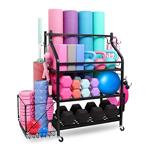 Yoga Mat Holder Storage Rack - Upgraded Weight Rack For Home Gym Storage , 4 Tier Strength Training Dumbbell Rack, Rolling Exercise Workout Equipment Organizer For Kettlebells, Yoga Balls &Foam Rollers #TOP1