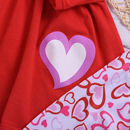 Toddler Baby Girl Valentine\'s Day Outfits Ruffle Tunic Top Dress Shirt Carriage Love Heart Print Flare Pants Clothes Set (Red-Pink Heart, 1-2T)